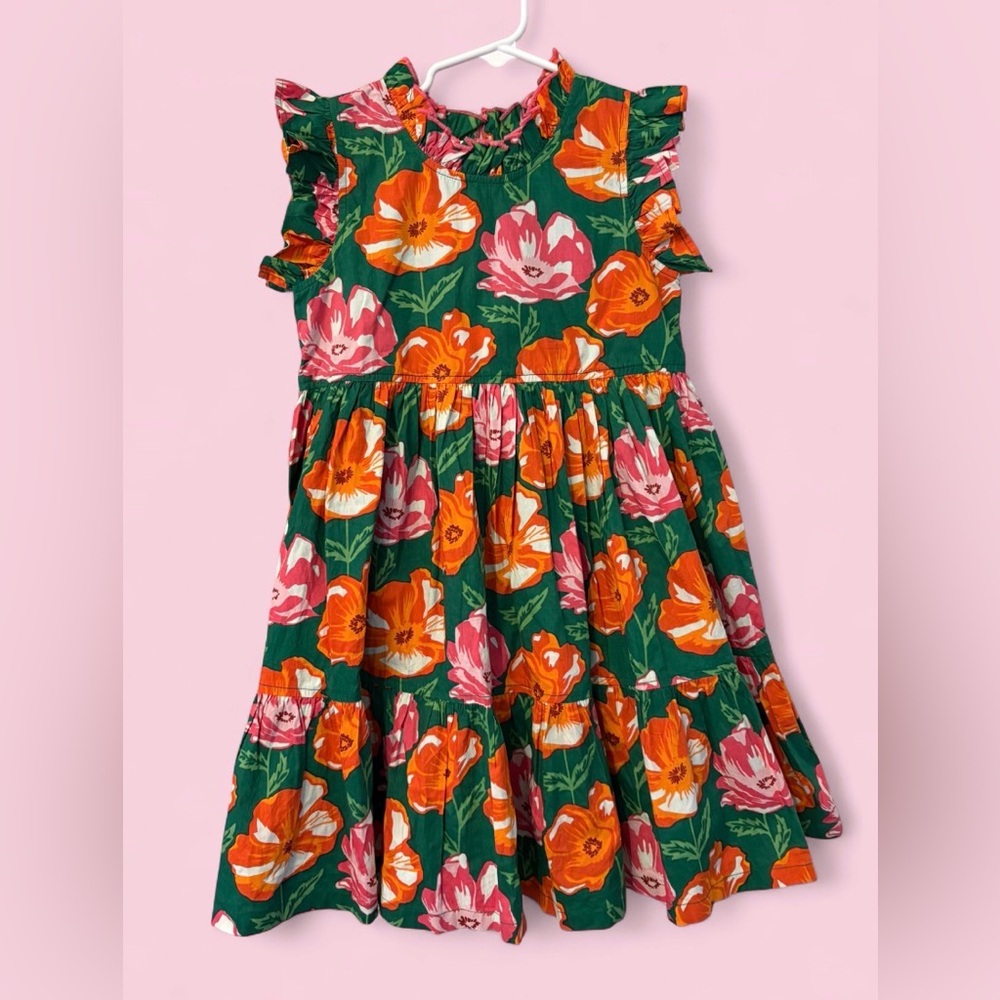 Pink Chicken Green Floral Tiered Ruffle Dress with Orange & Pink Blooms